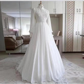 White Long Sleeves Muslim Wedding Dresses for Bride Real Photo Lace Chiffon A-Line Vestidos De Novia Maldives Bridal Gowns WHITE